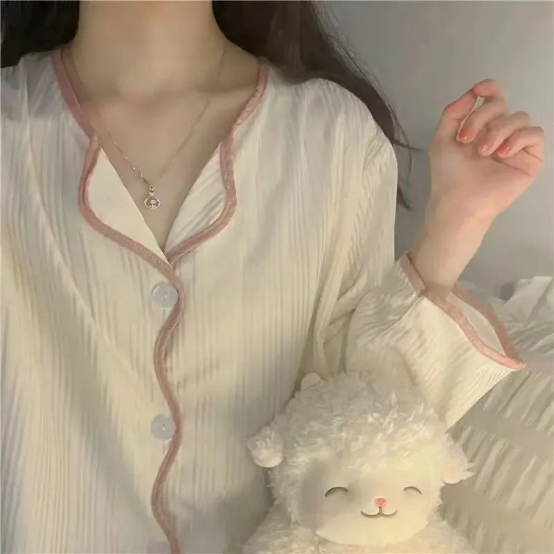 Women Long Sleeve Trousers Cotton Pajamas Dormir Lounge Sleepwear Solid White Pajama Mujer Bedroom Home Clothes Female Pajamas