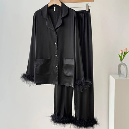 Spring Autumn Female Pajamas Trouser Set Luxury Feather Pink Bride Wedding Sleep wear Gift Sexy Loose Satin Home Wear Lounge wear