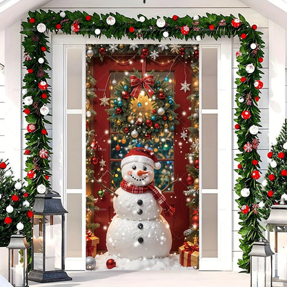 Christmas Decorations Door Cover Banner Cute Snowman Bear Gift Backdrop Xmas Party Indoor Outdoor Background Decor Supplies