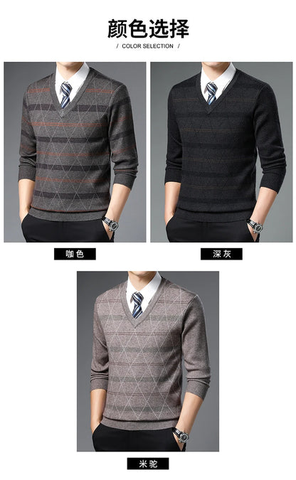 Men's Sweater Fashion Solid Color Warm Sweater Business Casual Heart Neckline Sweater Pullover Men