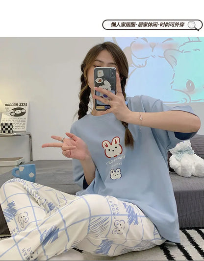 New Pajama Cartoon Cotton Pajamas for Women Summer Short Sleeved Long Pants Sleepwear Korean Fashion Rabbit Print Home Clothing