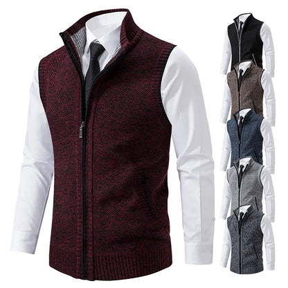 Vest Men Knitted Sleeveless Sweater Jacket Wool Velvet Zipper Cardigan Turn-down Pullovers Turtleneck Sweater coat Knit Waistcoat