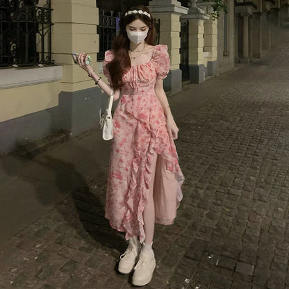 Short Sleeve French Elegant Dress Beach Floral One Piece Beach Midi Dress