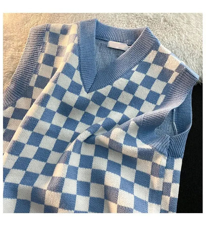 Men's Checkerboard Plaid V-neck Knitted Vest Female Spring Autumn Loose Couple Sweater Coat Sleeveless Vests Casual Tops