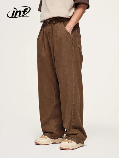 INFLATION Brown Retro Washed Denim Pants Unisex Classic Straight Leg Jeans Male Trouser Plus Size