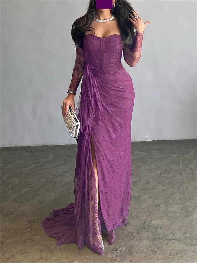 2025 Women's Ruffled Lace Evening Dress Solid Color Square Neck Long Sleeve Skinny Maxi Dress Wrap Hip Party Gowns