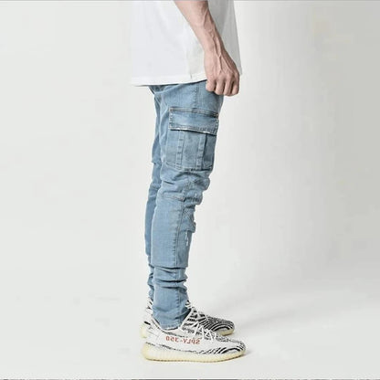 Jeans Men Pants Wash Solid Color Multi Pockets Denim Mid Waist Cargo Jeans Plus Size Fashion Casual Trousers Male Daily Wear