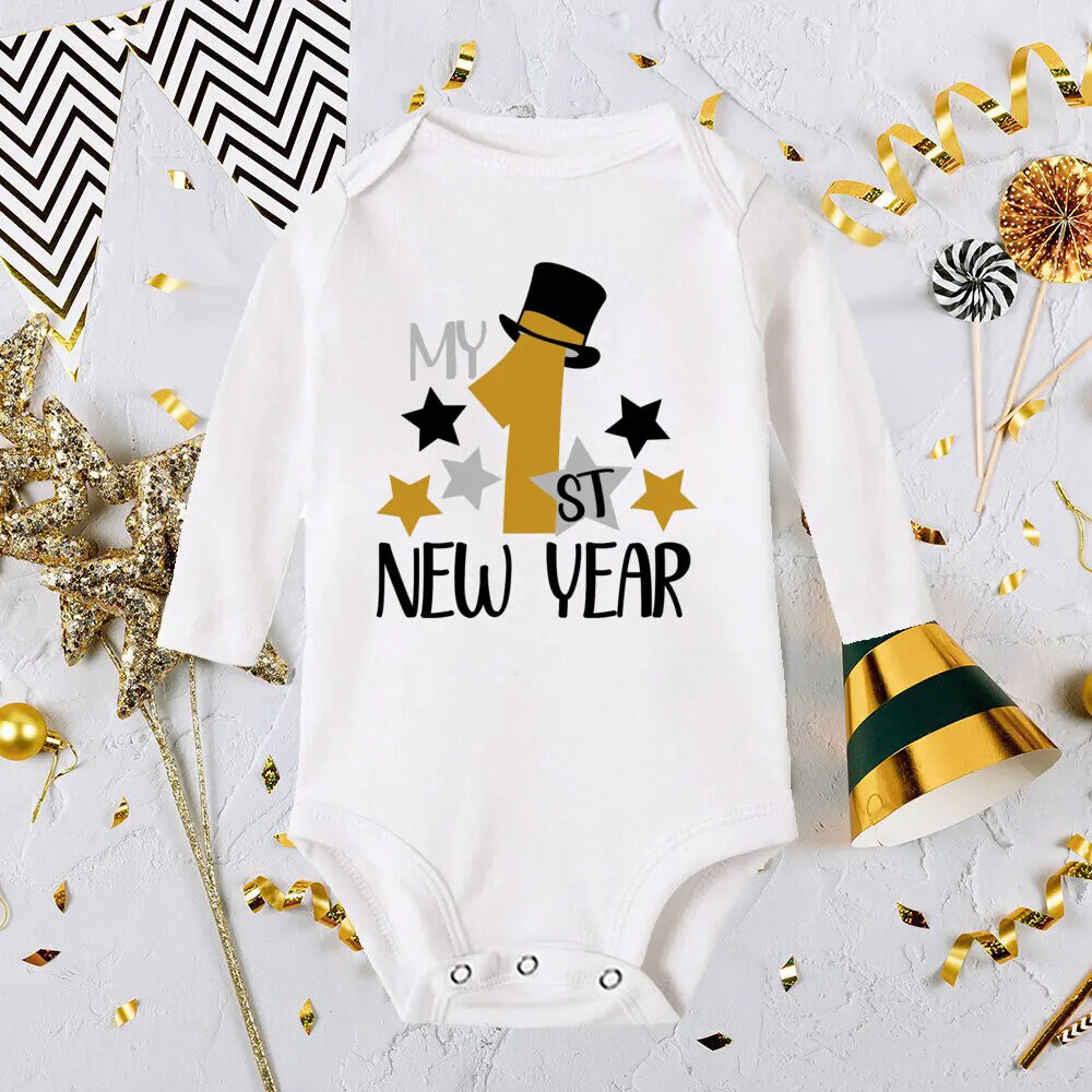 My First New Year Print Baby Romper Infant Long Sleeve Bodysuit Toddler Holiday Jumpsuit Boys Girls Clothes Newborn Shower Gifts