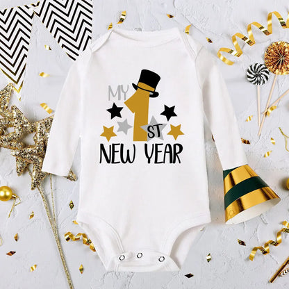 My First New Year Print Baby Romper Infant Long Sleeve Bodysuit Toddler Holiday Jumpsuit Boys Girls Clothes Newborn Shower Gifts