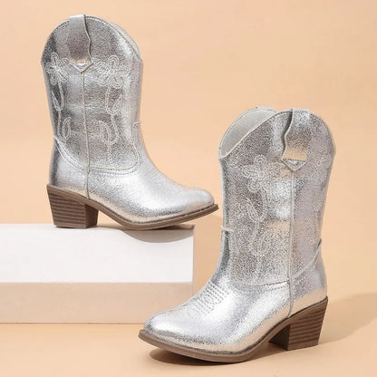 Luxury Gold Silver Western Knee High Boots Girls Premium Quality Slip-on Cowboy Long Booties Kids Heeled Point Toe Floral Botas