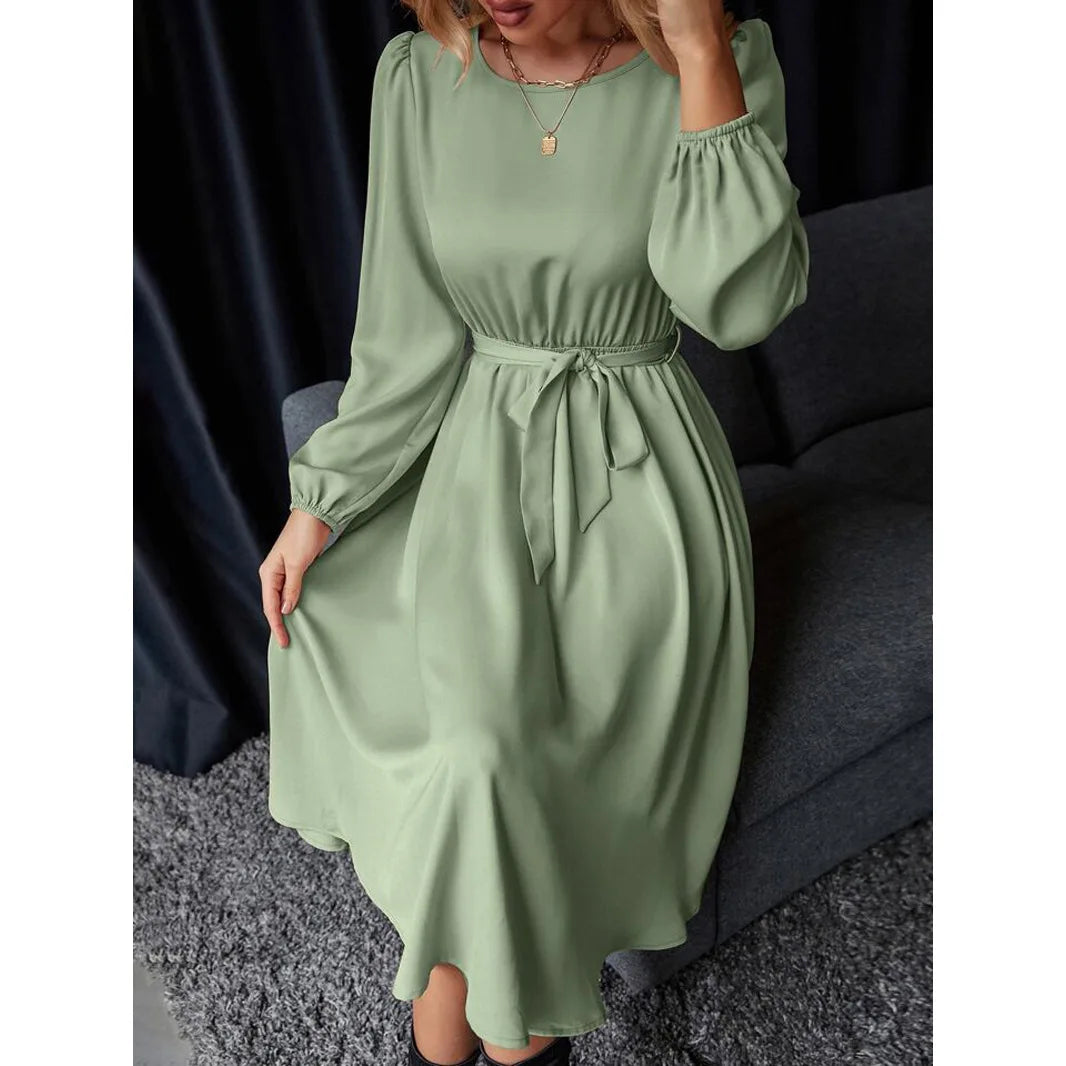 Summer Women's New Fashion Lantern Sleeves Keyhole Back Lace Up Waist Satin Round Neck Long Sleeve Medium Length Dress