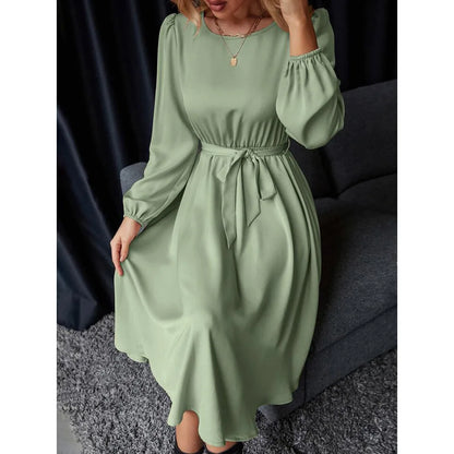 Summer Women's New Fashion Lantern Sleeves Keyhole Back Lace Up Waist Satin Round Neck Long Sleeve Medium Length Dress