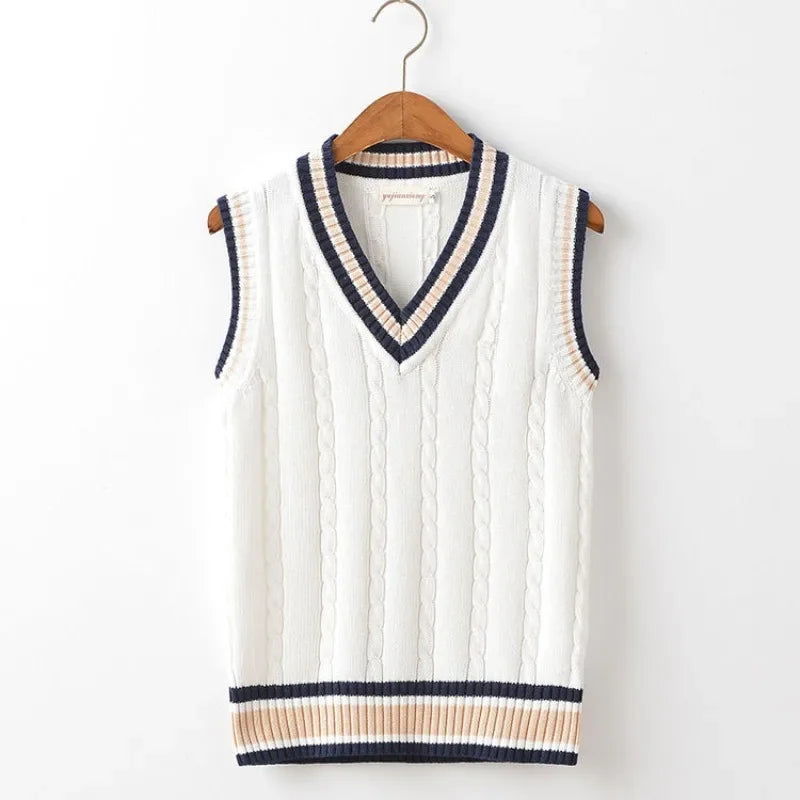 Striped White Knitted Sweaters for Men Blue Sleeveless Man Clothes V Neck Vest Red Waistcoat Jumpers Sweat-shirt Cotton