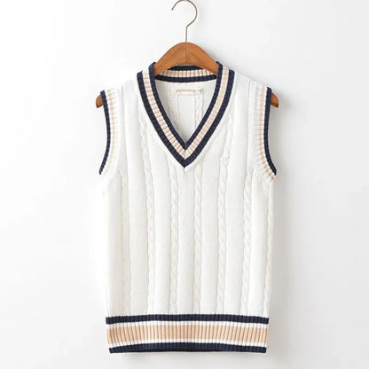 Striped White Knitted Sweaters for Men Blue Sleeveless Man Clothes V Neck Vest Red Waistcoat Jumpers Sweat-shirt Cotton