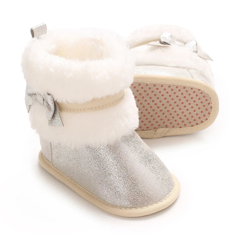 Suefunskry Newborn Baby Girl Winter Warm Plush Boots Shiny Flats with Cute Bows Casual Walking Shoes for Toddler Infant
