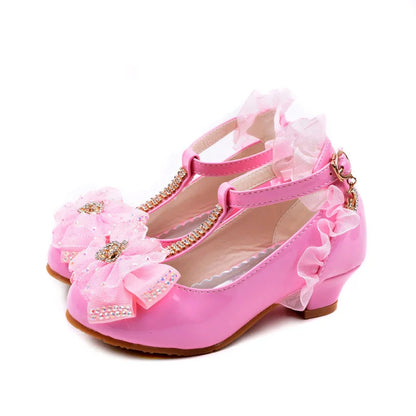 Children's Leather Shoes Girls High Heels White Princess Shoes Spring Autumn Kids Crystal Bow Party Student Performance Shoes