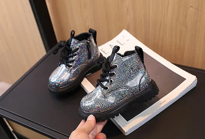 New Children's Autumn Boots Glossy Girls Causal Leather Boots Fashion Versatile Kids Princess Ankle Short Boots Round-toe Zipper