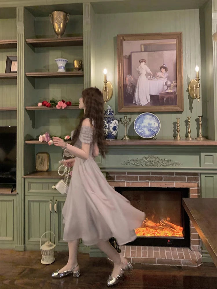 Korean Casual Midi Dress for Women 2025 New Summer Fashion Elegant Off The Shoulder Folds Ruffle Female Clothes Birthday Dress