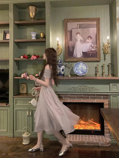 Korean Casual Midi Dress for Women 2025 New Summer Fashion Elegant Off The Shoulder Folds Ruffle Female Clothes Birthday Dress