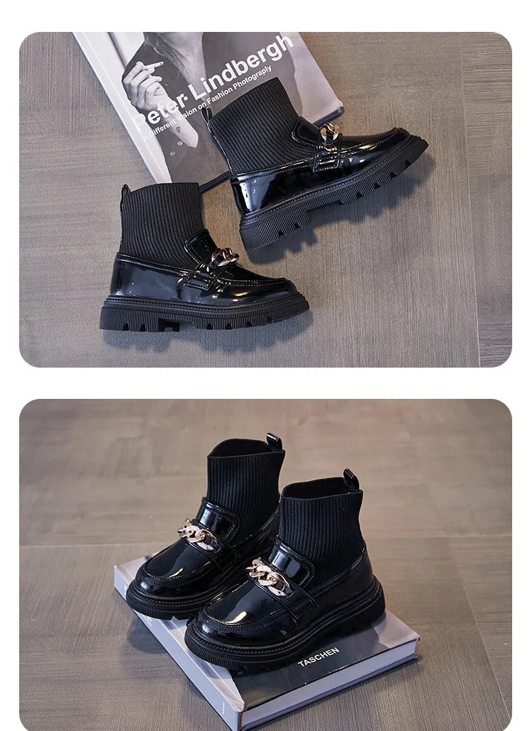 Girls Leather Boots Metal Chains Flying Woven Stitching Princess Boots Kids Leather Soft Sole Boots Children Socks Boots Fashion