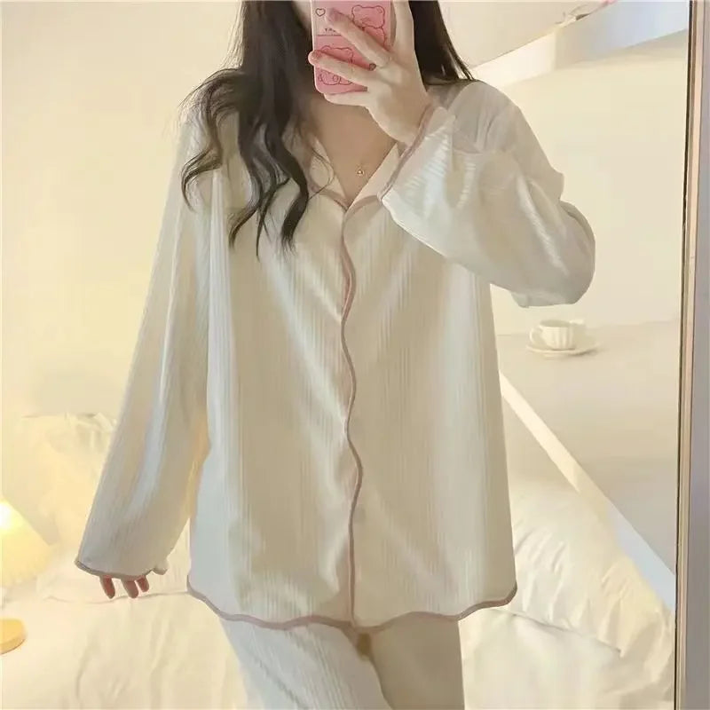 Women Long Sleeve Trousers Cotton Pajamas Dormir Lounge Sleepwear Solid White Pajama Mujer Bedroom Home Clothes Female Pajamas