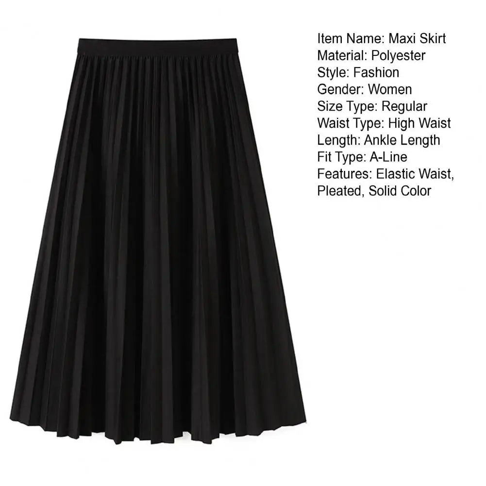 High Waist Pleated Skirt Elegant Women's Maxi Skirt with Elastic High Waist A-line Design Pleated Large Hem Solid Color for Work
