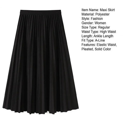 High Waist Pleated Skirt Elegant Women's Maxi Skirt with Elastic High Waist A-line Design Pleated Large Hem Solid Color for Work