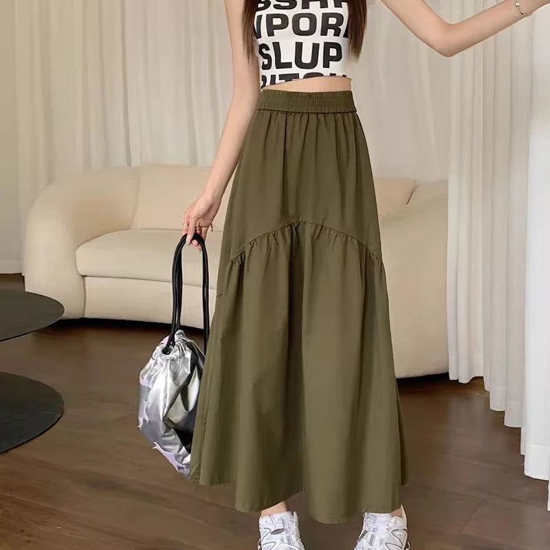Spring Summer Women Chiffon Skirts Vintage High Waist Elastic Patchwork White Black Chic Long Cake A-line Skirt for Student