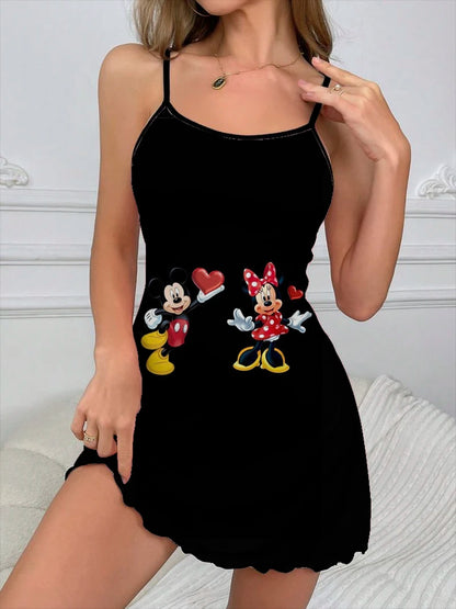 Sexy Dress Lettuce Trim Minnie Mouse Fashion Summer Dresses 2025 Crew Neck Disney Women's Elegant Chic Mini Trim Neck Slip Dress
