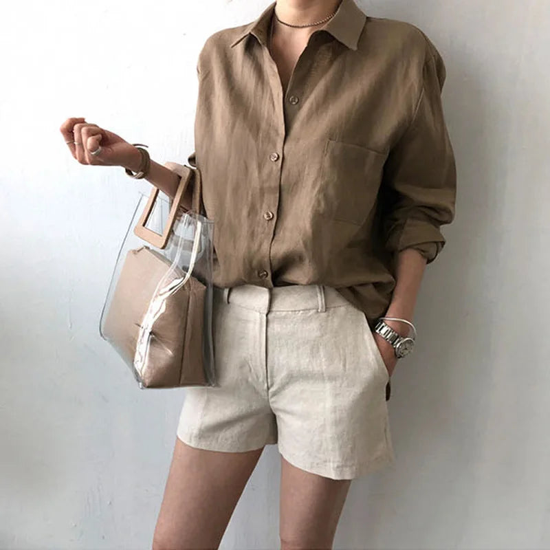 Leisure Long Sleeve Cotton Linen Loose Shirt Women Spring Summer Vintage Harjauku Streetwear Oversized Blouse Elegant Top Tunics