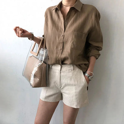 Leisure Long Sleeve Cotton Linen Loose Shirt Women Spring Summer Vintage Harjauku Streetwear Oversized Blouse Elegant Top Tunics