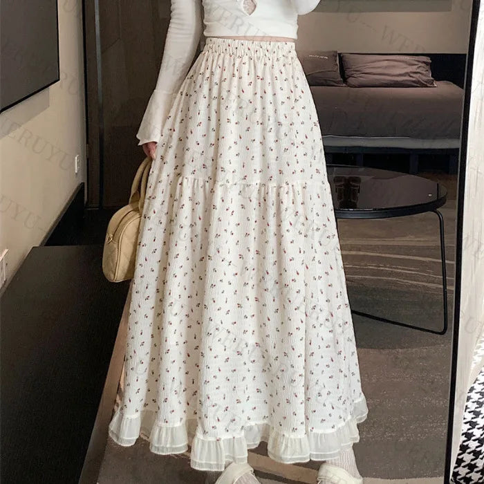 Summer White Floral Long Skirt Womens Y2k Clothes Fashion Elastic High Waist Casual Elegant Spliced Gauze Skirts for Women 2025