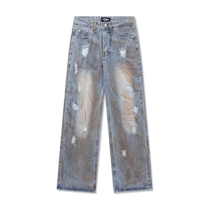 Men's trousers summer thin tie-dyed ripped jeans men's loose straight washed distressed high street American men's trousers