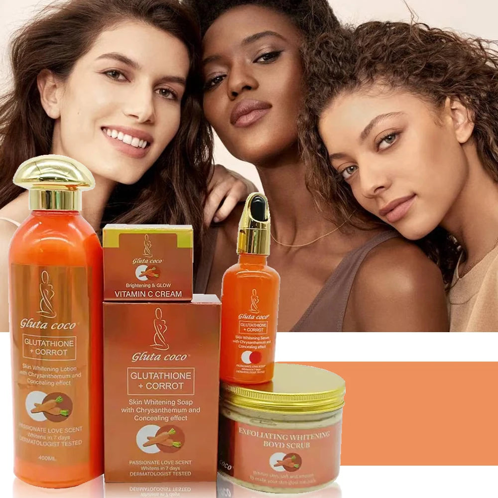 Glut Master GLUTATHIONE+CORROT Skincare Set Lightening Moisturizing Exfoliating Smooth Speedy Glowing skin for Dark Skin Women