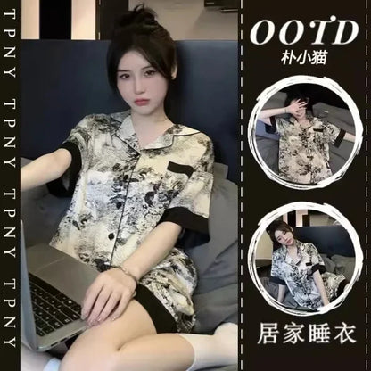 Plus Size Ins Cartoon Pajamas Set Korean Student Summer Internet Celebrity Girl Short Sleeve Shorts Thin Loose Home wear