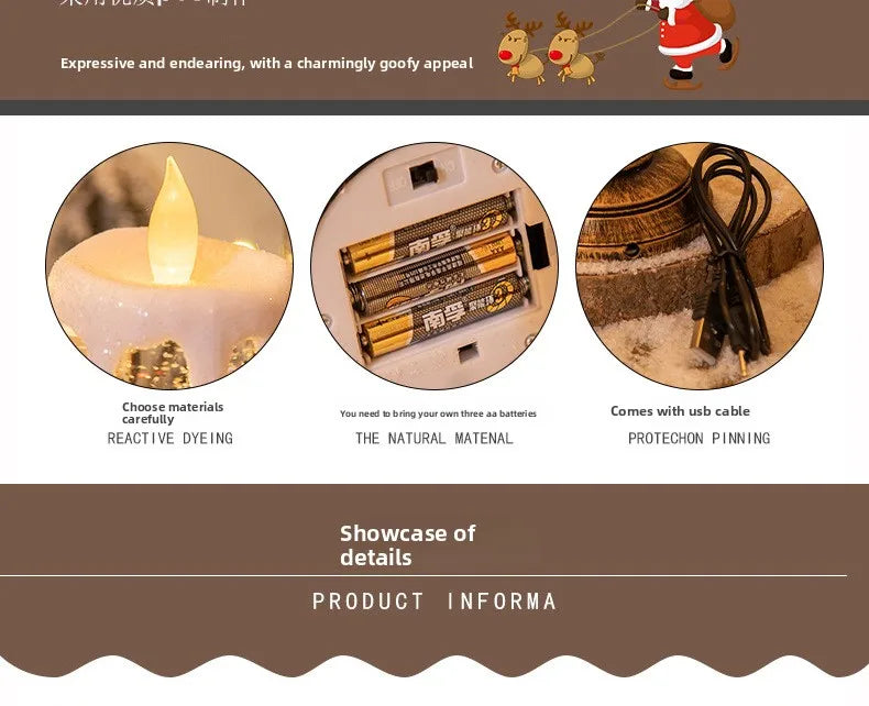 Christmas decorations: candles, crystal lights, cartoon snowflakes, birthday and Christmas gifts, scene setups