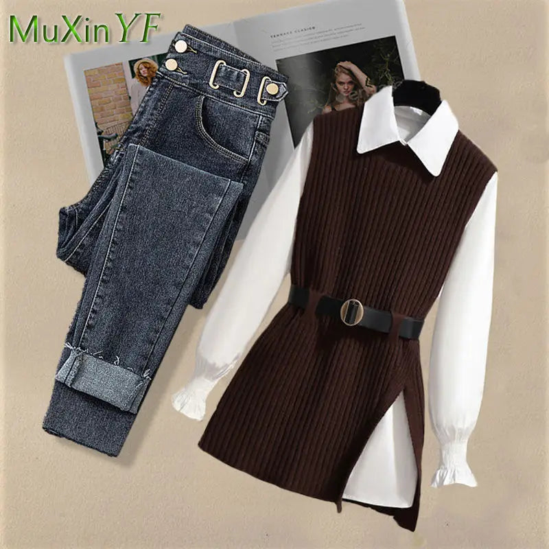 2025 Spring New Korean Elegant in Matching Set Women's Fashion Knitted Vest+ Shirt+ Jeans Three Piece Female Chic Denim Pants Suit