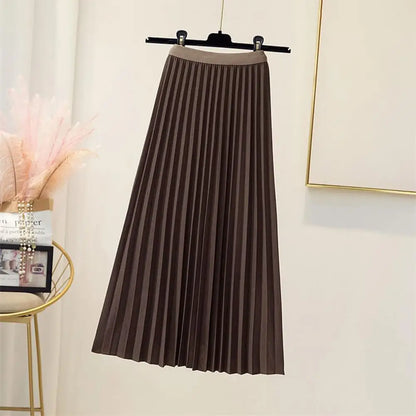 High Waist Pleated Skirt Elegant Women's Maxi Skirt with Elastic High Waist A-line Design Pleated Large Hem Solid Color for Work