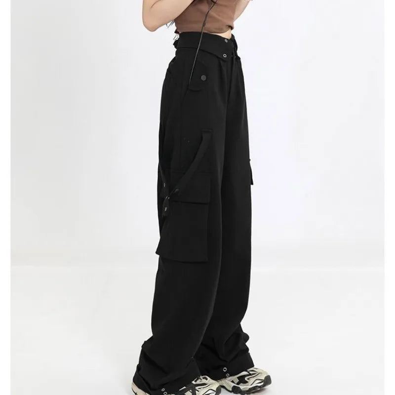 Women's Spring Vintage Hollow Stripe Long Sleeved Knitwear+ Strap+ Cargo Pants Suit Korean Elegant Sweater Trousers Matching Set