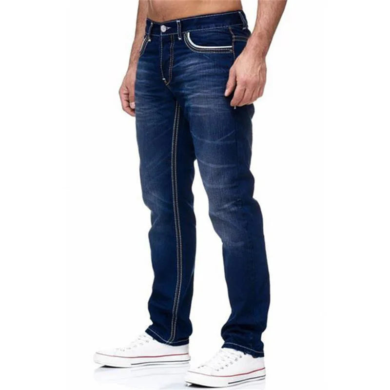 Vintage Men Jean Denim Pants Washed Pockets Mid Waist Zipper Fly Loose Fit Punk Style Distressed Ankle Length Straight Jeans