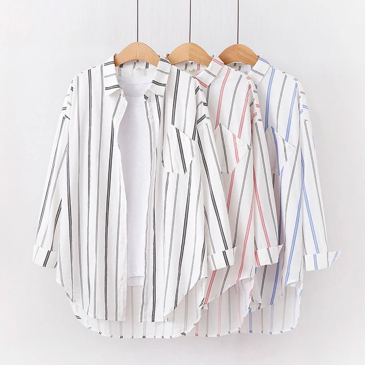 Loose Casual Striped Shirts Women 2025 New Ladies Sweet Simple Style Long Sleeve Print Shirt Female Blouse and Tops Lady Clothes