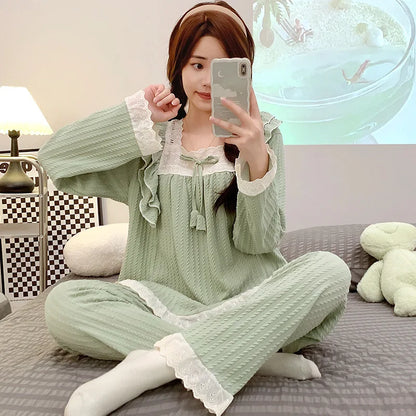 5XL Plus Size Spring Ladies Pajamas Set Princess Style Cotton Soft Sleepwear Square Neck Long-sleeve Trousers suit Household Wear