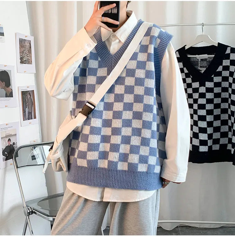 Men Knitted V Neck Japanese Vintage Loose Sleeveless Plaid Vests Chic Pullovers Chaleco Hombre Blue Checkerboard Sweater Vest