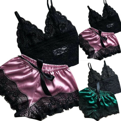 Women's Sexy Lace Sleepwear Lace Necklacing Lingerie Sleeveless V-Neck Baby doll Pajamas Set Lingerie Tops Shorts Set Nightwear