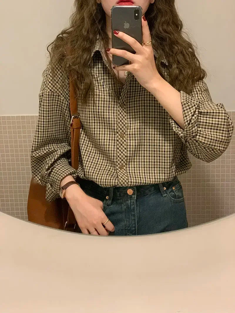 Plaid Shirts Women Retro Turn-down Collar Blouses All-match Straight Hong Kong Style Button Up Elegant Long Sleeve Outwear Femme