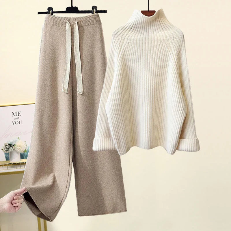Winter Warm Knit wears Sets For Women Turtleneck Long Sleeve Pullover Sweater+ high Waist Wide Leg Drawstring Knitted Pants Sets