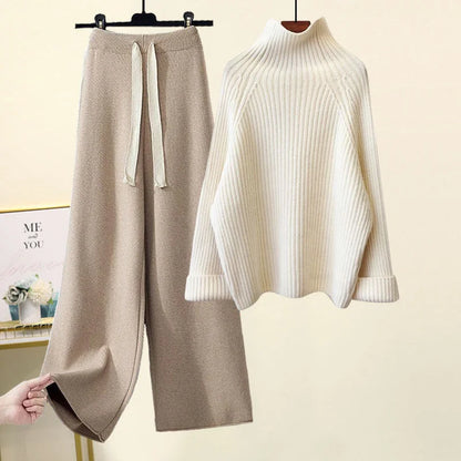 Winter Warm Knit wears Sets For Women Turtleneck Long Sleeve Pullover Sweater+ high Waist Wide Leg Drawstring Knitted Pants Sets