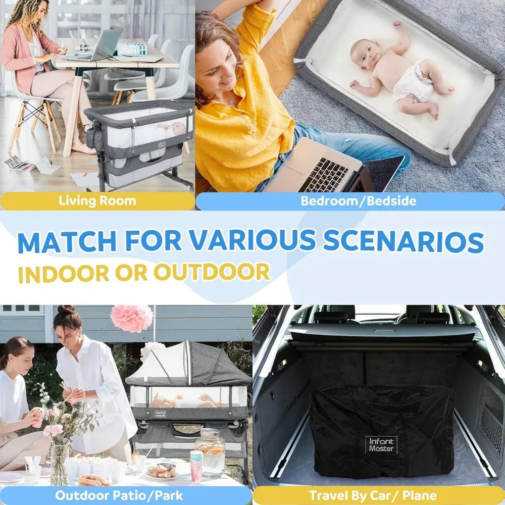 3 in 1 Baby Bassinet, Upgraded Beside Crib with 360° Highly Visible Mesh wall, Comfy Co-sleeper Bassinet with mattress, 5 Level