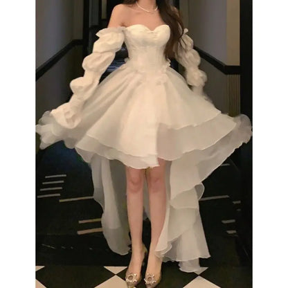 Elegant Ruffles Chic Fairy Dress Women White Sweet Korean Style Princess Dress Female 2025 Summer Slash Neck Casual Party Dress