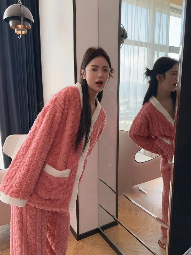 2pcs/Set Autumn And Winter Pajamas Women Thickened Padded Warm Students Coral Girls Clot Velvet Suit Home wear Cardigan Trousers
